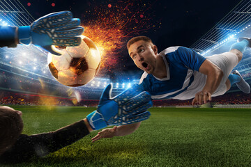 Powerful kick of a soccer player with fiery soccerball in the football stadium