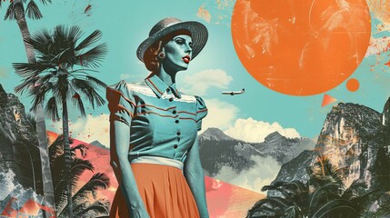a retro-inspired collage, a woman in 50s, 60s attire amid palms, mountains, and art deco elements. Ideal for magazine, poster, postcard, social media