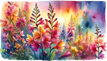 Fototapeta na wymiar Vibrant Watercolor Painting of Montbretia Flowers