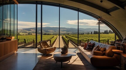 Glass-walled wine tasting room overlooking vineyards and barrel cellar