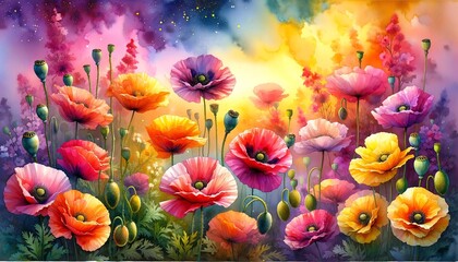 Vibrant Watercolor Painting of Poppy Flowers