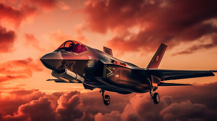 warplane flying with warship on background, red sky