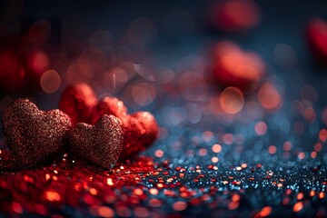 stylist and royal valentines day background with red hearts glitter bokeh on black, card for Valentine's day