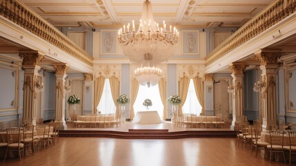 Grand ballroom in historic mansion with gilded details, crystal chandeliers, and winding staircase