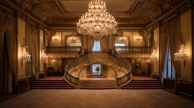 Grand ballroom in historic mansion with gilded details, crystal chandeliers, and winding staircase