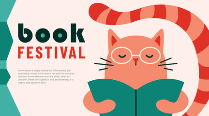 Book festival vector illustration background. Red cat wearing glasses