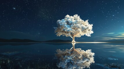 endless mirror with only a lonely white glowing holy tree on it, outdoor exhibition, night skylight exposure with stars, Classicism, 