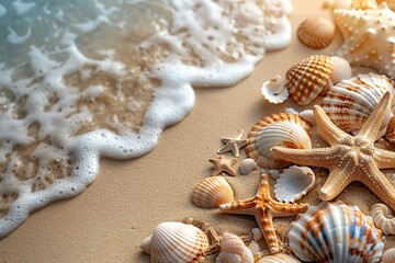 Fototapeta na wymiar Top view of a sandy beach with collection of seashells and starfish as natural textured background