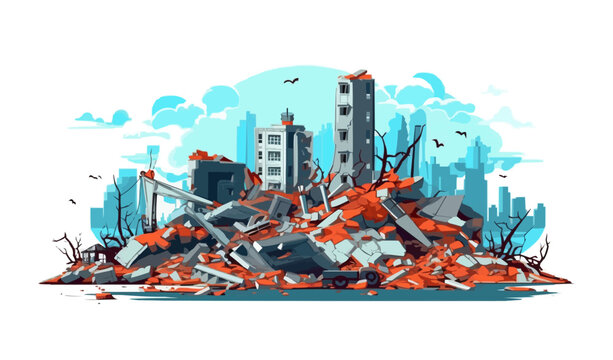 A city is destroyed with buildings in ruins and a pile of rubble
