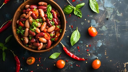 Fresh red chili peppers and beans in a pan or bowl, a healthy vegetarian meal with tomatoes, onions, and green peppers - obrazy, fototapety, plakaty