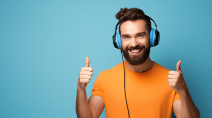 photo young bearded man in blue shirt with headphone