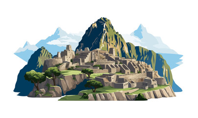Machu Picchu Inca Ruins of Peru vector flat isolated illustration - obrazy, fototapety, plakaty