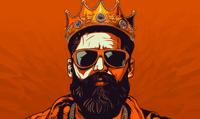 bearded man with crown and glasses, hip hop style hipster beard king vector - - obrazy, fototapety, plakaty