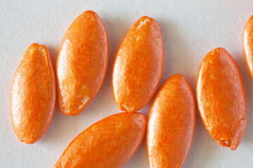 Close-up of cucumber seeds in orange dragee shell. Modern way to protect seeds from pests and stimulate seedling germination. Growing organic vegetables concept. Flat lay, macro, top view