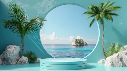 Tropical Fashion Showcase - Summer Product Pedestal - Blue Sea and Sky Background with Palm and Exotic Island