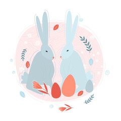 Vector flat illustration on white isolated background with two blue bunnies and Easter eggs.