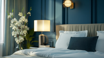 A tastefully decorated bedroom featuring a plush bed, soft lighting from a bedside lamp, and a bouquet of white flowers.