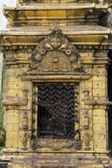 Close-up view of the ornate Swayambhunath Stupa, located in Kathmandu, Nepal