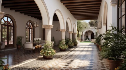 Historic Spanish villa-inspired loggia hallways with arched walkways, balconies, tiled fountains and bubbling wall accents - obrazy, fototapety, plakaty