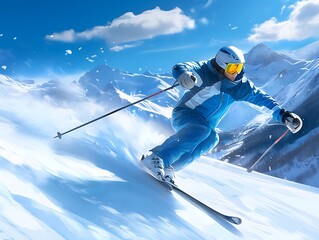 Skiers downhill skiing from snowy slopes