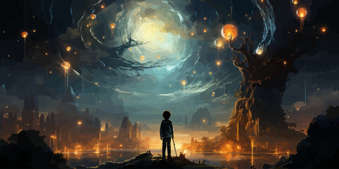 beautiful scenery showing the young boy standing among glowing planets and holding the star up in the night sky, digital art style, illustration painting - obrazy, fototapety, plakaty