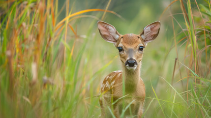 Fototapeta premium A young, innocent fawn stands alert among tall green grasses, its eyes full of curiosity and wonder.