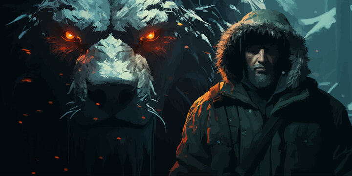 The man in the hood with spear faceing the giant winter wolf, digital art style, illustration painting