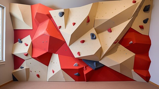 Home rock climbing wall with angled surfaces and innovative safety padding systems