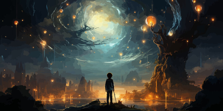 beautiful scenery showing the young boy standing among glowing planets and holding the star up in the night sky, digital art style, illustration painting