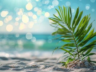 Bright Tropical Day - Summer Beach Background - Blue Sea and Green Palm with Bokeh Light for Holiday Relaxation  - obrazy, fototapety, plakaty