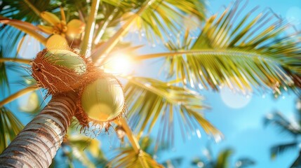 Nature Park in Summer - Beach Landscape - Green Coconut Tree with Bokeh and Blue Sky for Relaxing Vacation  - obrazy, fototapety, plakaty
