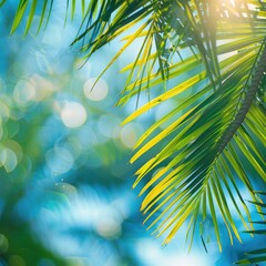 Fototapeta na wymiar Tropic Beach Bokeh - Summer Nature Background - Blue Sky and Green Palm with Bright Abstract Light for Vacation Relaxation 