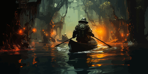 man in a protection suit rowing a boat in poison swamp, digital art style, illustration painting - obrazy, fototapety, plakaty