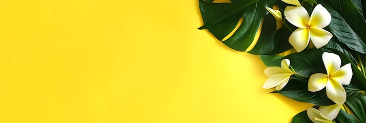 Zelfklevend Fotobehang Summer tropical background with palm leaves and frangipani flowers on yellow background. Banner, copy space © Marina