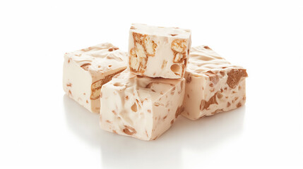 An arrangement of creamy nougat cubes with pieces of almonds, presented on a pristine white surface.
