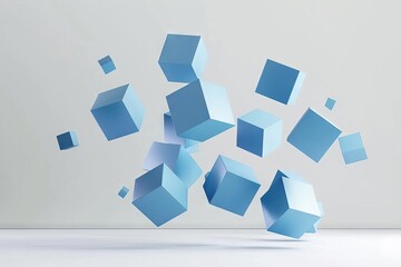 Abstract 3D render of floating blue cubes on white background, minimalist geometric composition
