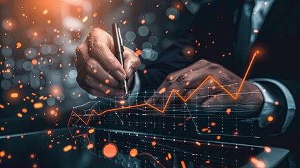 A businessman's hand with a stylus points to fluctuating growth charts on a futuristic holographic interface, symbolizing data analysis and business strategy. Businessman Analyzing Growth Data on Dig

