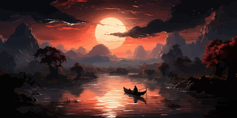 fantasy world scenery showing a boy rowing a boat in the land of volcanic, digital art style, illustration painting