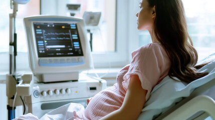 A pregnant woman sits peacefully in a hospital bed, connected to a monitor, anticipating the arrival of new life.