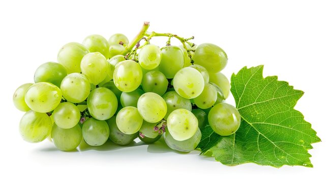 Fresh green grapes with leaves. Isolated on white  