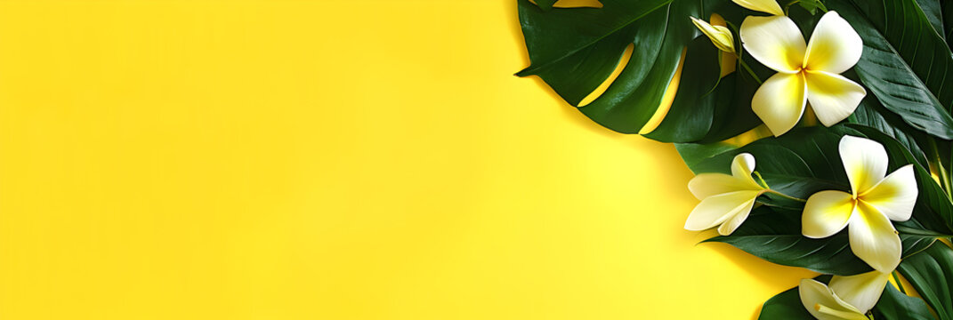 Summer tropical background with palm leaves and frangipani flowers on yellow background. Banner, copy space