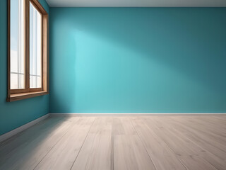 Blue turquoise empty wall and wooden floor with interesting with glare from the window. Interior background for the presentation.