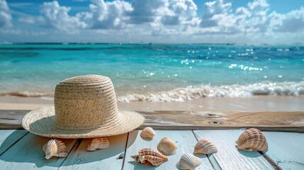 Caribbean Beach Vacation - Summer Holiday Background - Relaxing Sea with Wooden Deck, Straw Hat, and Seashells for Tropical Getaway 