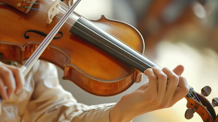 A close-up of a violinist's hand artfully positioned on the strings, capturing the essence of...
