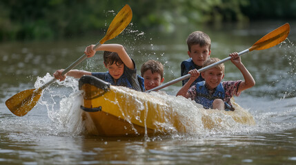 Four children laugh and paddle vigorously in a yellow kayak, splashing through the water on an adventure. - obrazy, fototapety, plakaty