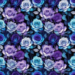 seamless pattern of blue and violet roses, watercolor