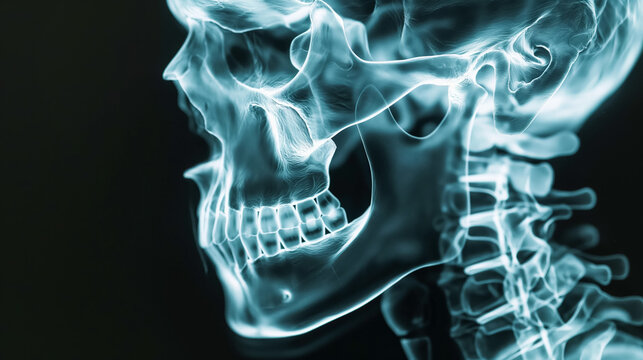 A digital x-ray image of a human skull enveloped in blue smoke, blending science and art.