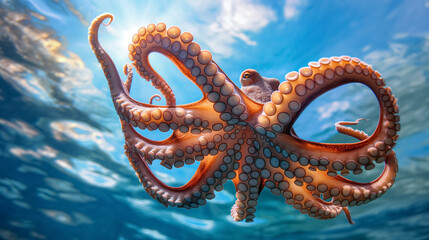 An octopus in the blue sea extends its large tentacles, a display of its agility and grace in the aquatic world.