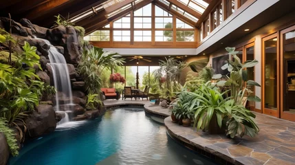 Selbstklebende Fototapeten Indoor saltwater pool with waterfall features and tropical landscaping © Aeman