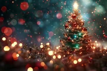 Obraz na płótnie Canvas Abstract Fantasy Festive Christmas Tree Background with Sparkly Lights and Ornaments, 3D illustration